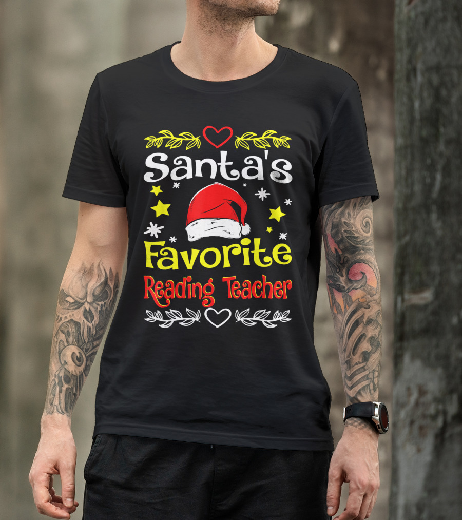 Santa's Favorite Reading Teacher Christmas Hat And Stars T-Shirt