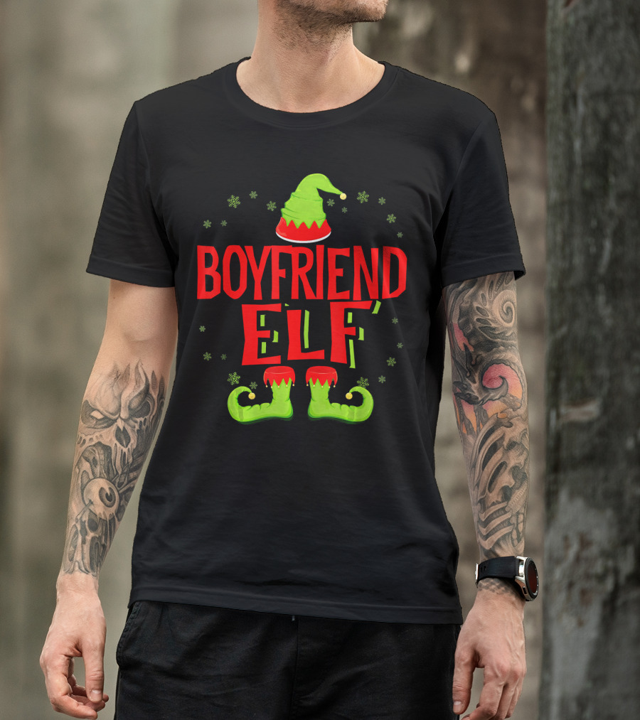 BOYFRIEND ELF Christmas Hat Boots Snowflakes T-Shirt