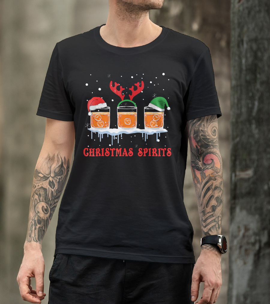 Christmas Spirits Bourbon Scotch Whiskey Santa Hat Reindeer Antlers Elf Hat T-Shirt