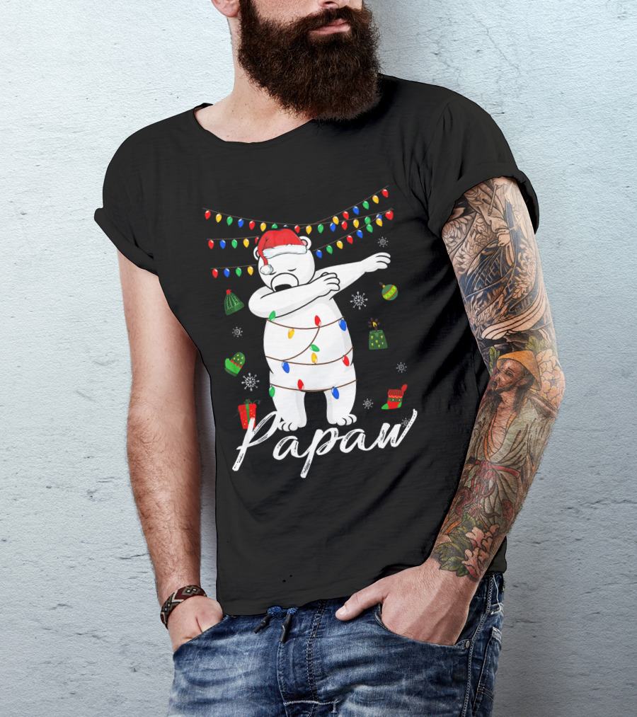 Papaw Bear Dabbing With Santa Hat And Christmas Lights And Gifts T-Shirt