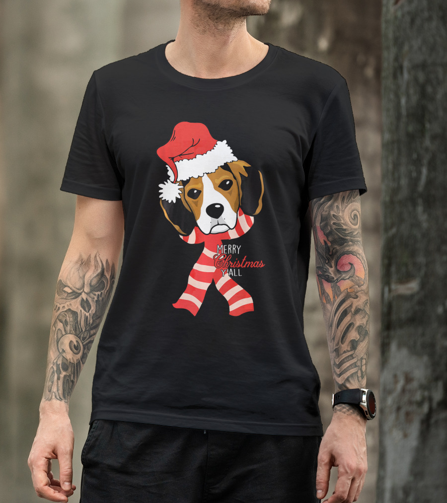 Merry Christmas Y'all Beagle Dog In Santa Hat And Striped Pajamas T-Shirt