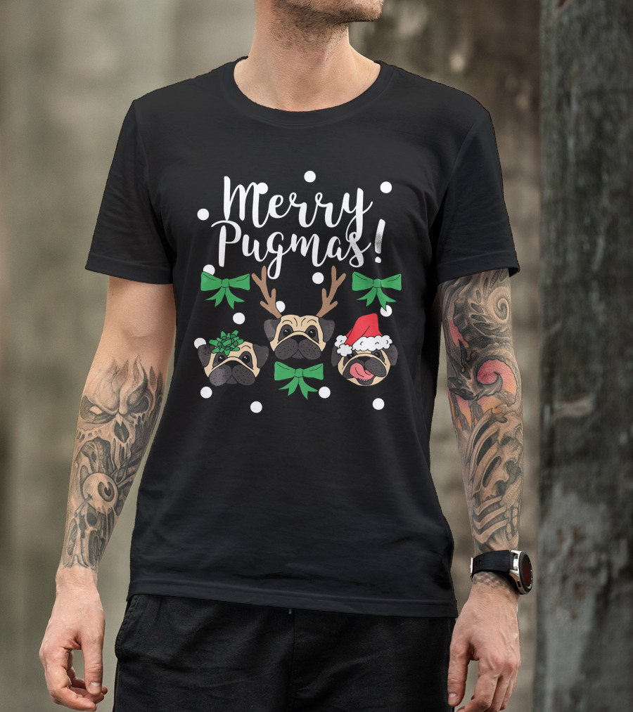 Merry Pugmas Pug Dogs With Christmas Antlers Santa Hat Bows And Snowflakes T-Shirt