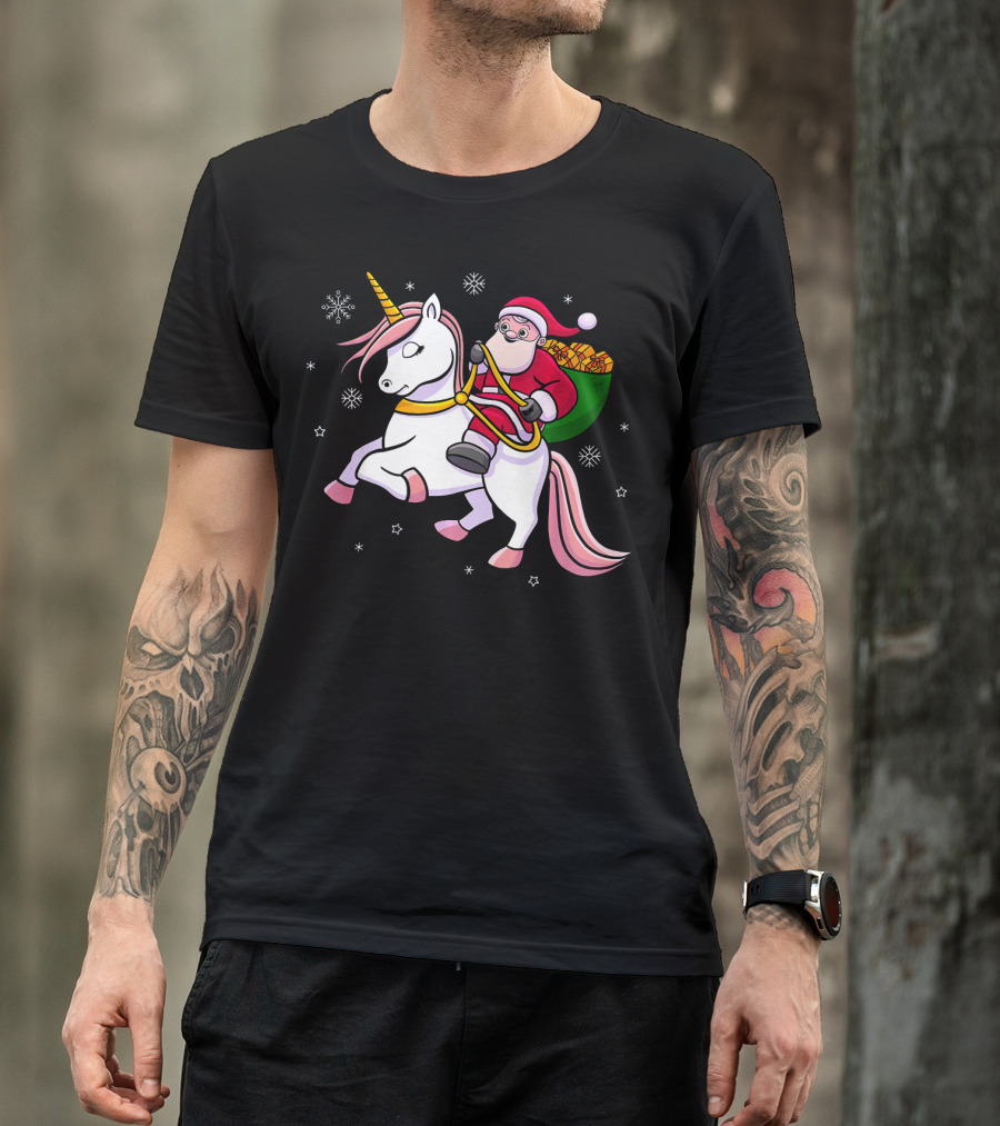 Santa Riding Unicorn With Presents For Cute Girls T-Shirt