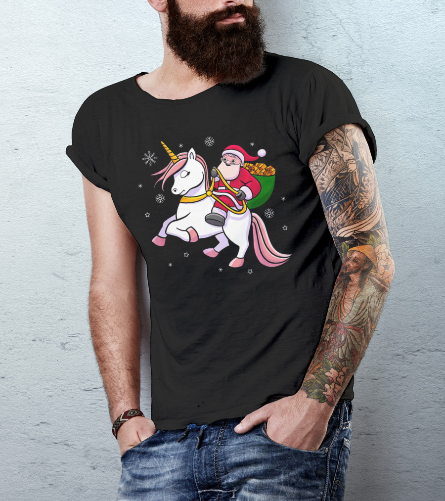 Santa Riding Unicorn With Presents For Cute Girls T-Shirt