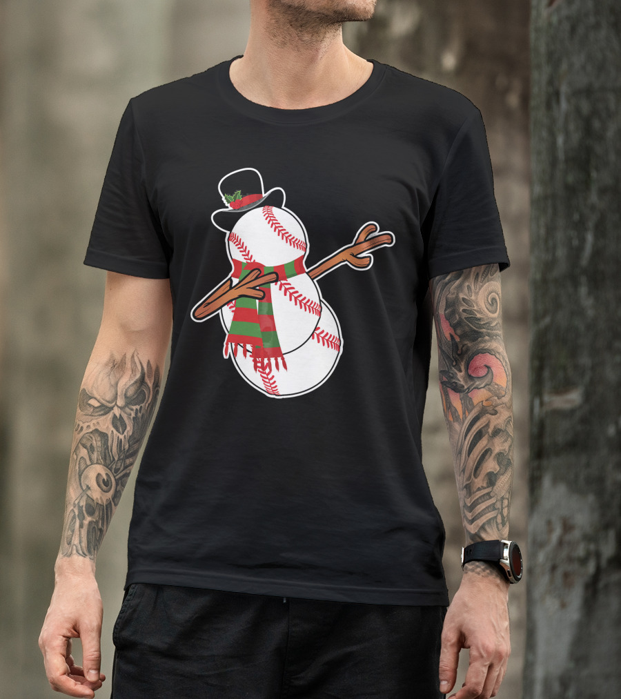 Dabbing Baseball Snowman In Top Hat With Festive Scarf T-Shirt