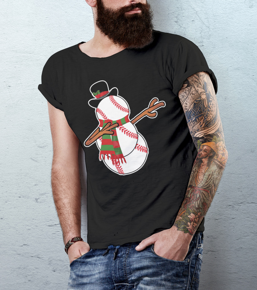 Dabbing Baseball Snowman In Top Hat With Festive Scarf T-Shirt