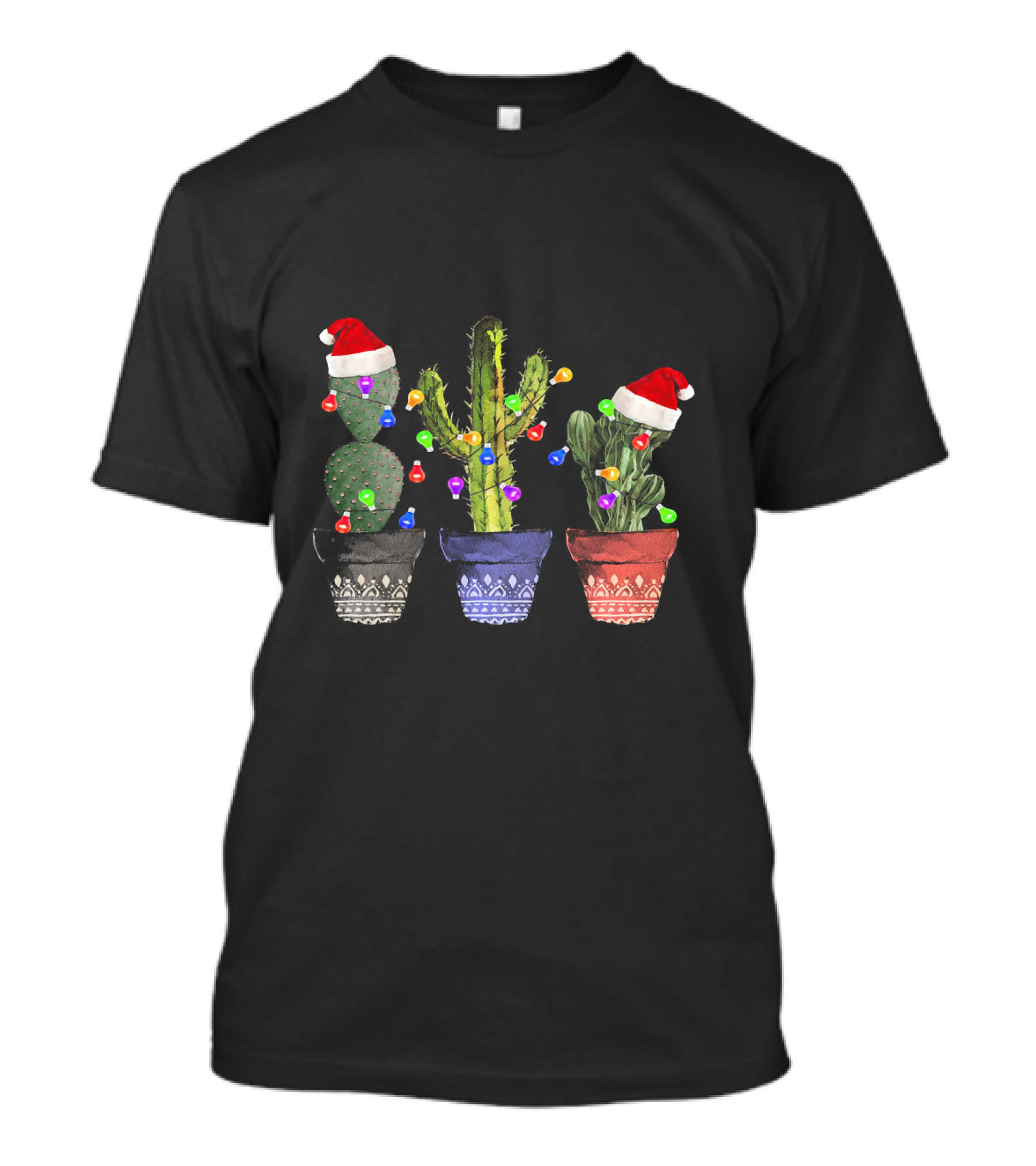 Cactus Christmas Lights Santa Hats Festive Holiday Decor T-Shirt