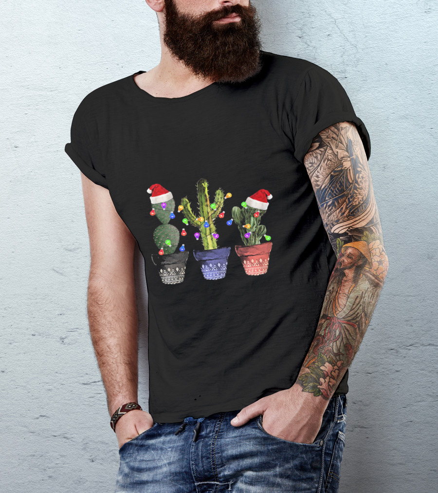 Cactus Christmas Lights Santa Hats Festive Holiday Decor T-Shirt