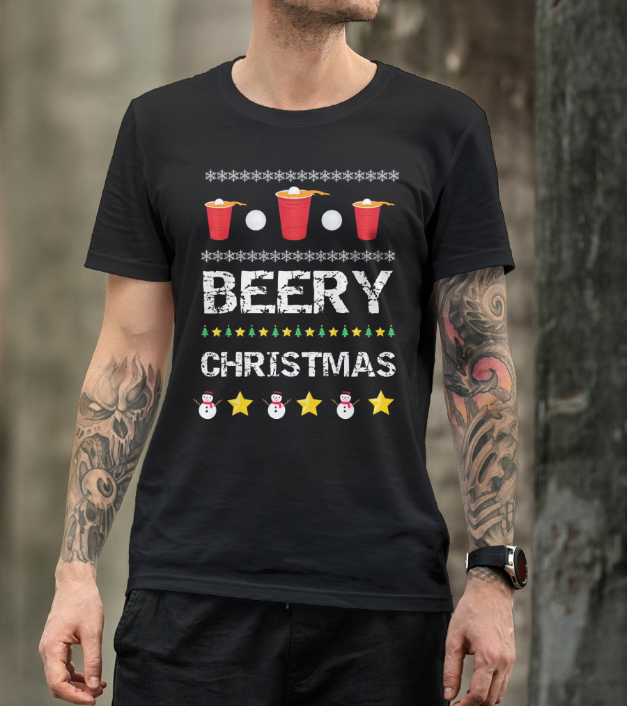 Beery Christmas Beer Pong Snowflakes Stars And Snowmen T-Shirt