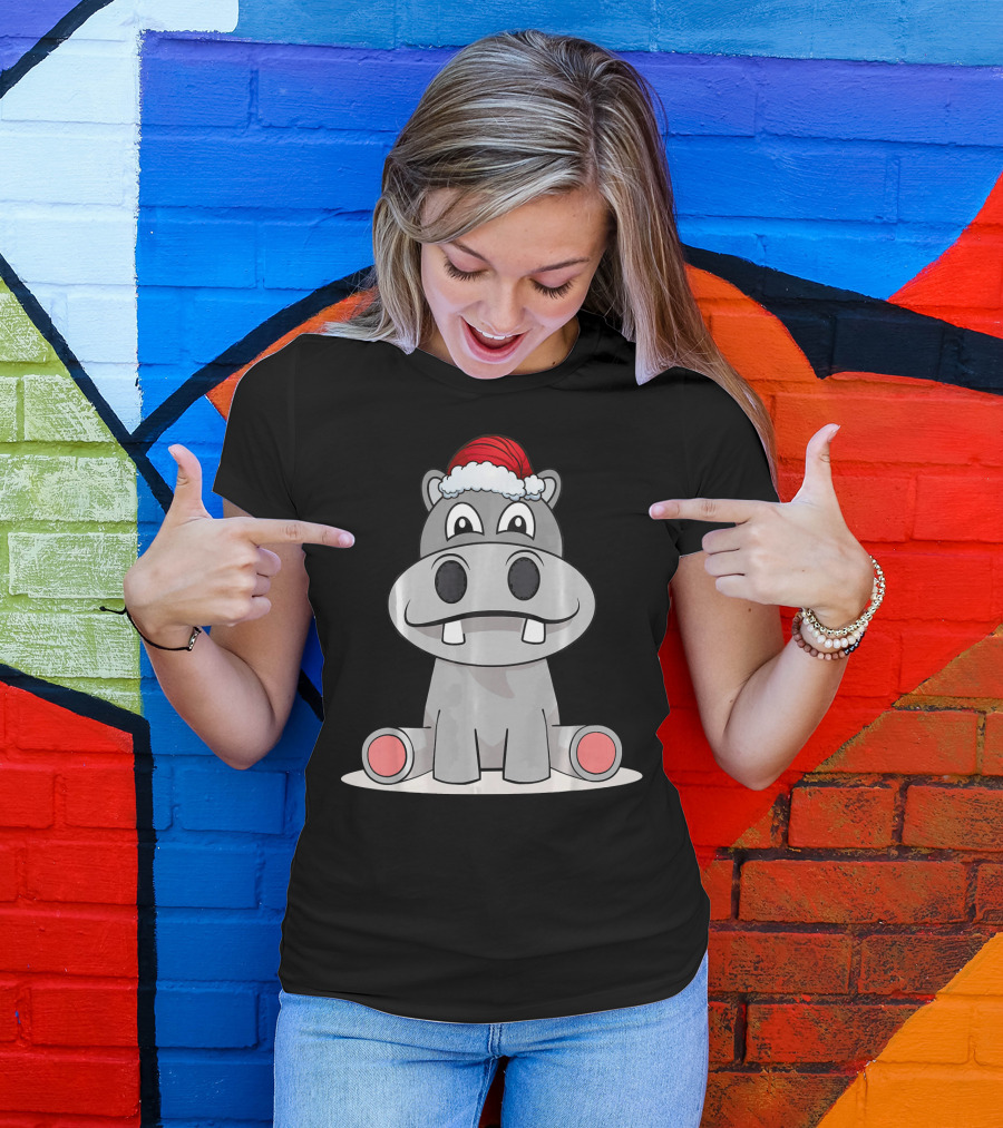 Hippopotamus Christmas Happy Hippo Santa Hat T-Shirt