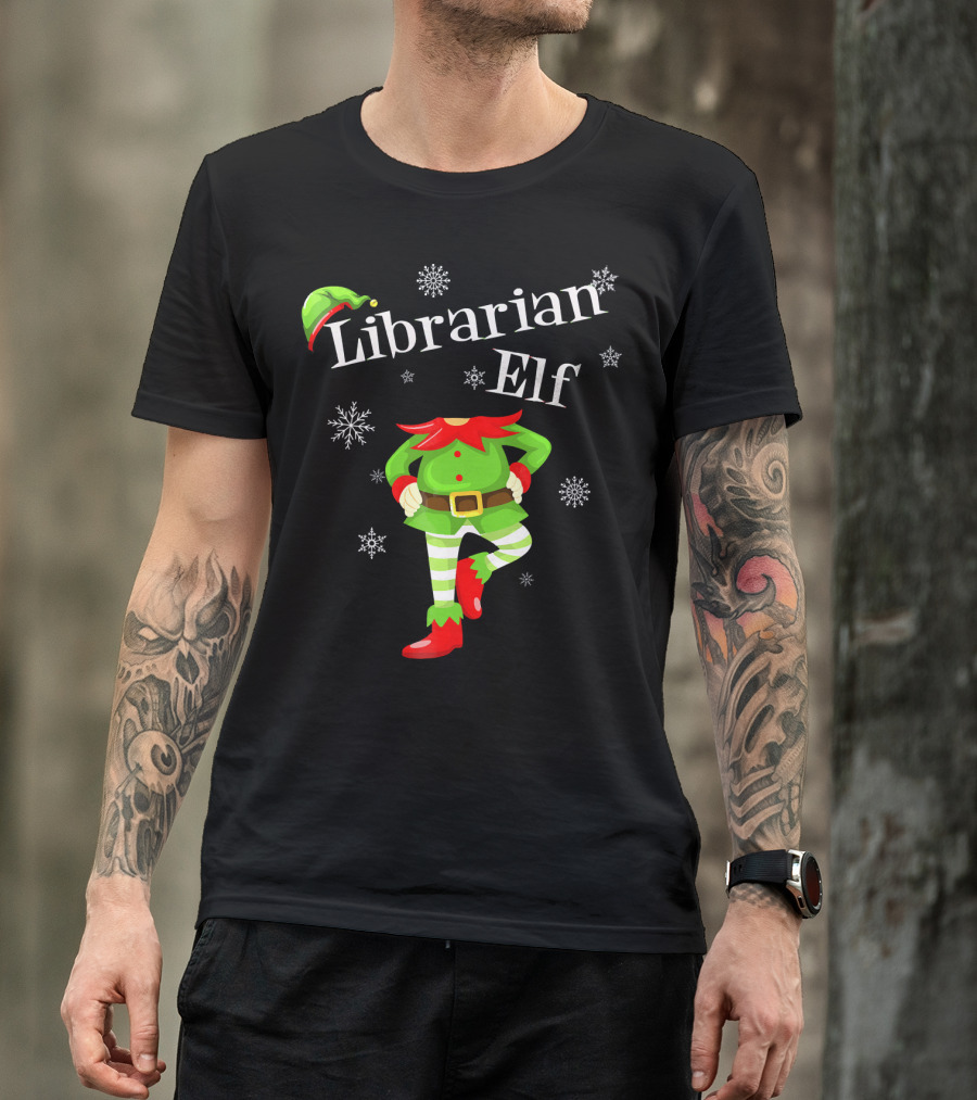 Librarian Elf In Green Outfit With Snowflakes And Red Hat T-Shirt