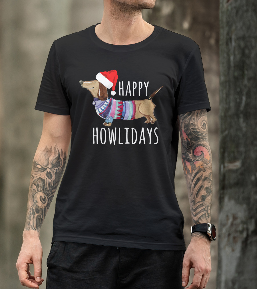 Happy Howlidays Christmas Dog Dachshund Wearing Santa Hat T-Shirt