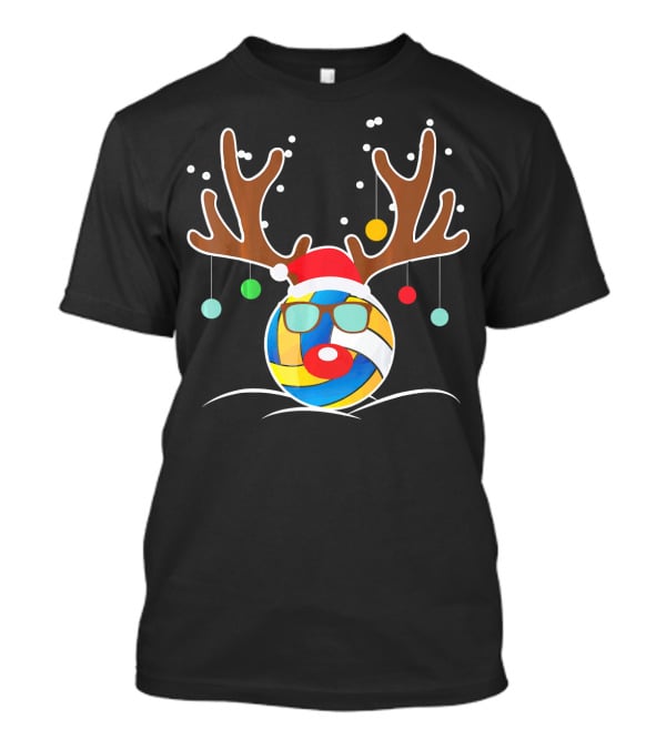 Volleyball Christmas Funny Reindeer Santa Hat Antlers Sunglasses Holiday Ornaments T-Shirt