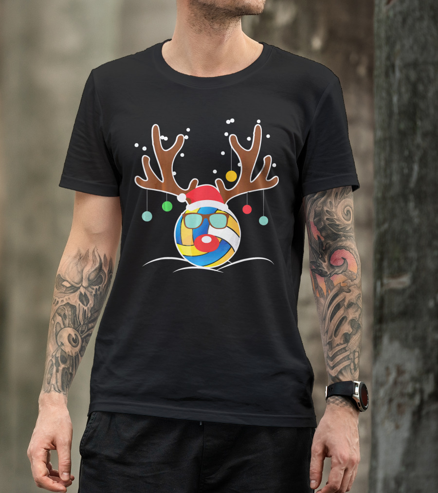 Volleyball Christmas Funny Reindeer Santa Hat Antlers Sunglasses Holiday Ornaments T-Shirt
