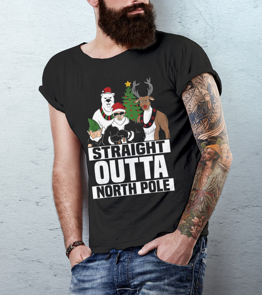 Straight Outta North Pole Christmas Characters Polar Bear Elf Reindeer T-Shirt