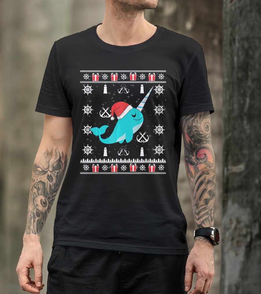 Narwhals Christmas Style With Santa Hat Anchors And Snowflakes T-Shirt