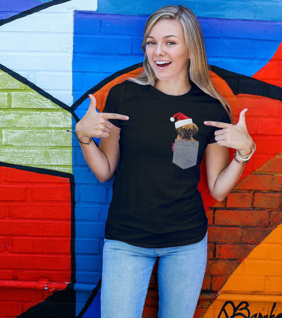 Puggle Puppy With Santa Hat In Gray Pocket Cute Beagle Pug T-Shirt