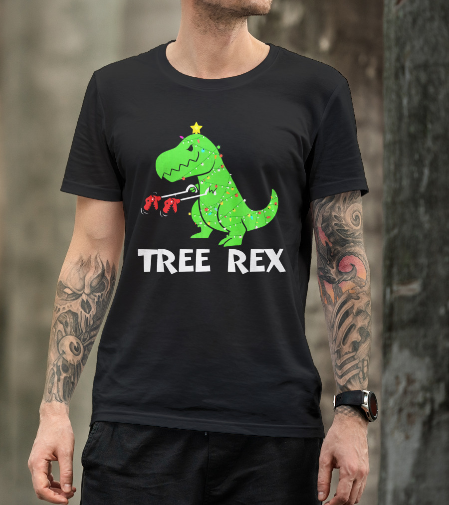Tree Rex Funny Christmas Dinos Wrapped In Lights T-Shirt