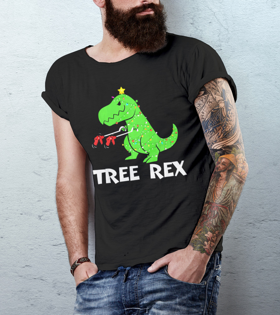Tree Rex Funny Christmas Dinos Wrapped In Lights T-Shirt