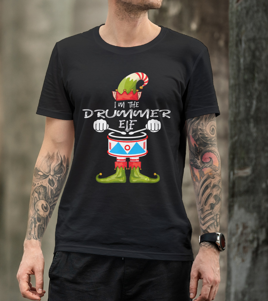 I'M THE DRUMMER ELF Christmas Hat Striped Candy Cane Elf Boots Drumsticks T-Shirt