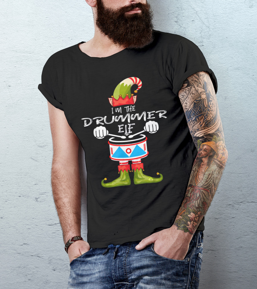 I'M THE DRUMMER ELF Christmas Hat Striped Candy Cane Elf Boots Drumsticks T-Shirt