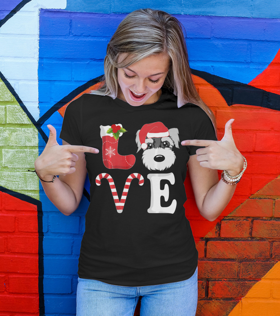 LOVE Miniature Schnauzer Santa Christmas Candy Cane T-Shirt