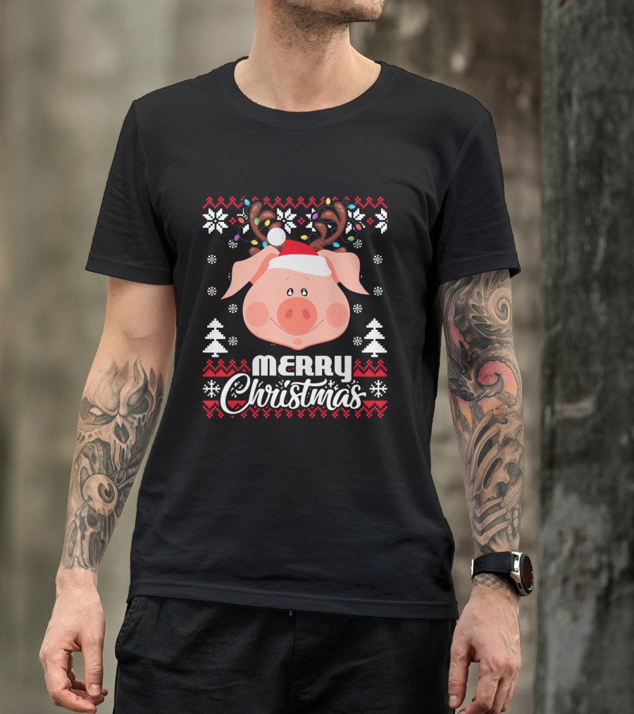 Merry Christmas Pig Santa Hat Antler Ugly T-Shirt