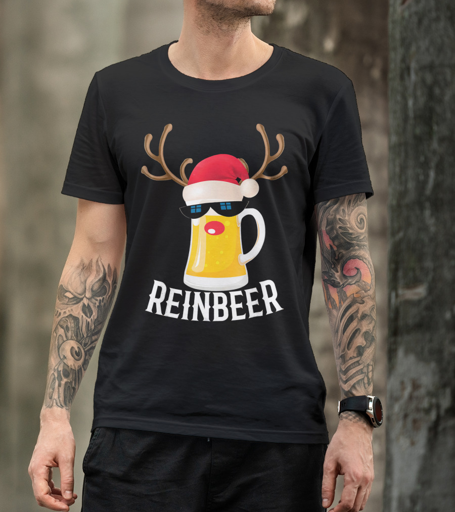 Reindeer Beer Christmas Funny Drinking Reinbeer Santa Hat T-Shirt