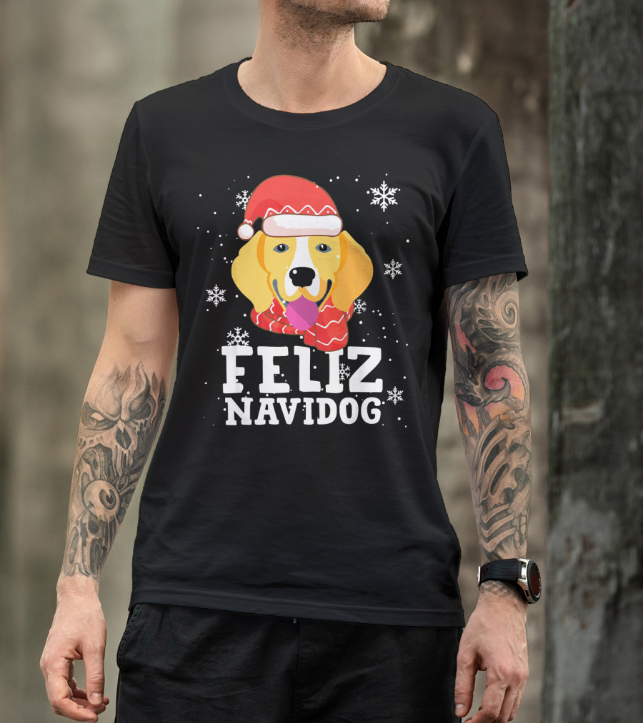 Feliz Navidog Beagle Dog Funny Christmas Snowflakes Santa Hat T-Shirt