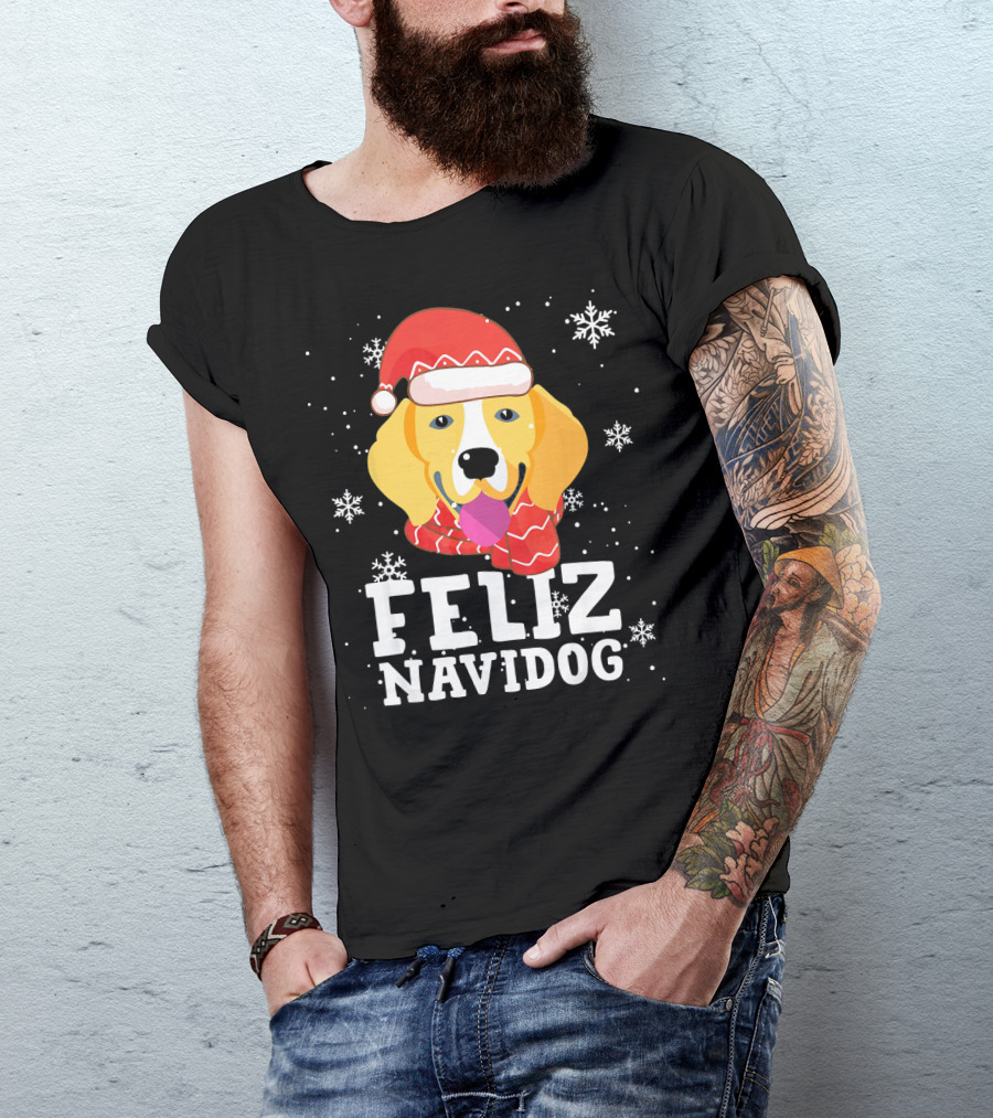 Feliz Navidog Beagle Dog Funny Christmas Snowflakes Santa Hat T-Shirt