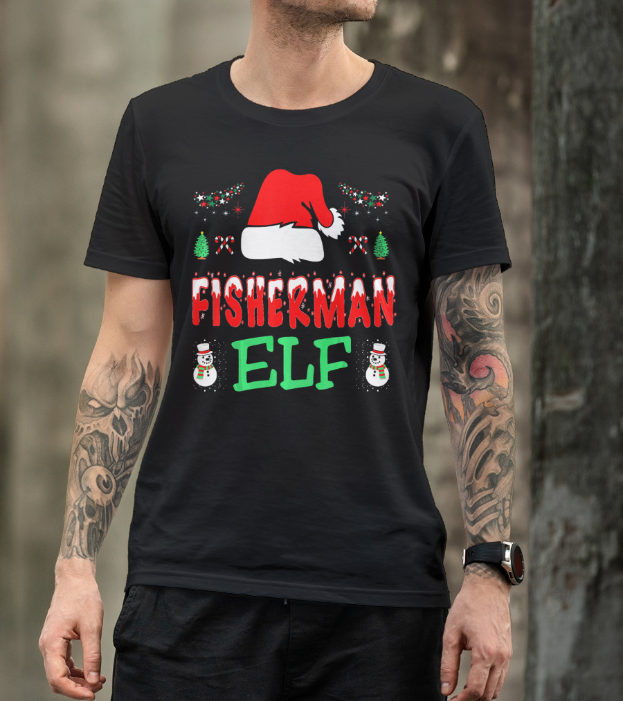 Fisherman Elf Christmas Snowman Santa Hat Candy Cane T-Shirt