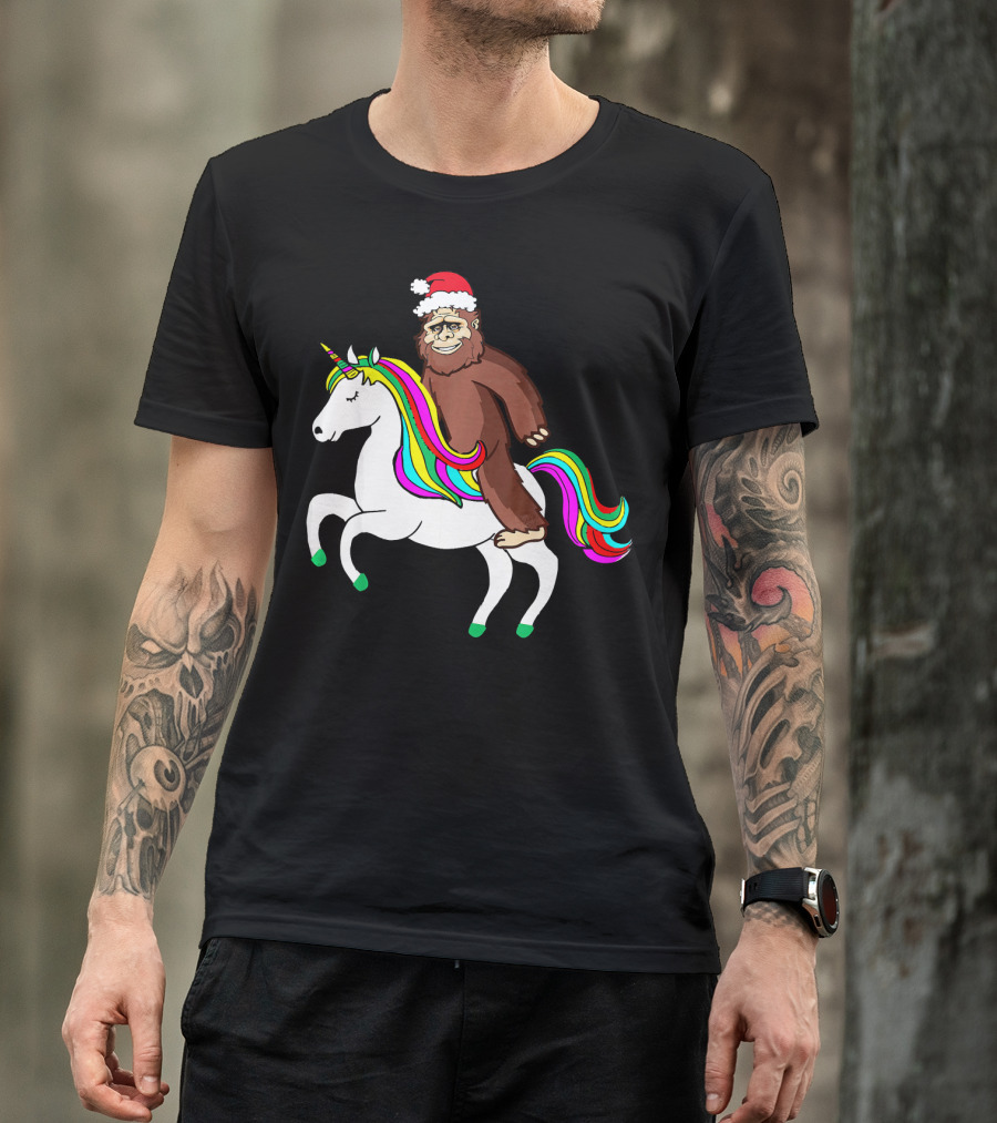 Bigfool Riding Unicorn With Santa Hat Rainbow Mane T-Shirt