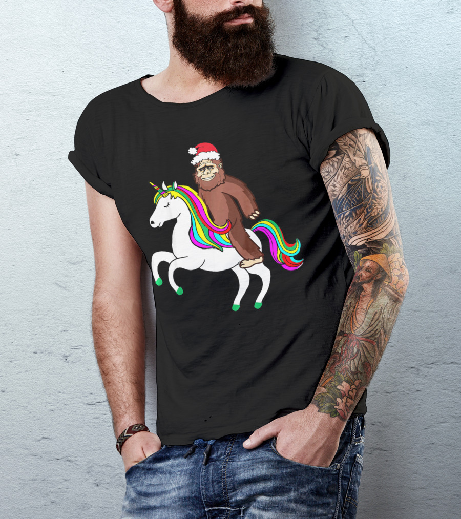 Bigfool Riding Unicorn With Santa Hat Rainbow Mane T-Shirt