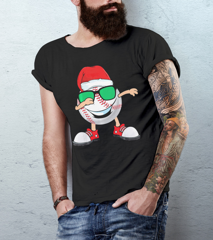 Dabbing Baseball With Santa Hat And Sunglasses T-Shirt