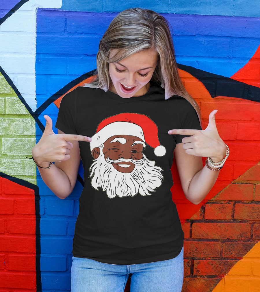 Black Santa Claus Winking In Red Hat T-Shirt