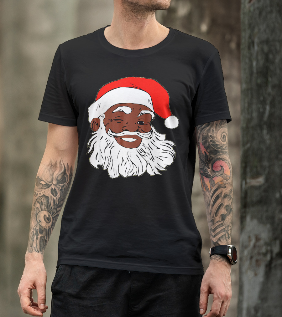 Black Santa Claus Winking In Red Hat T-Shirt