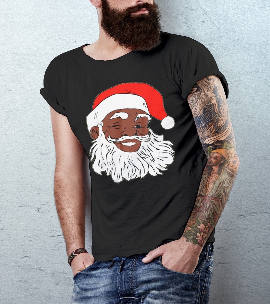 Black Santa Claus Winking In Red Hat T-Shirt