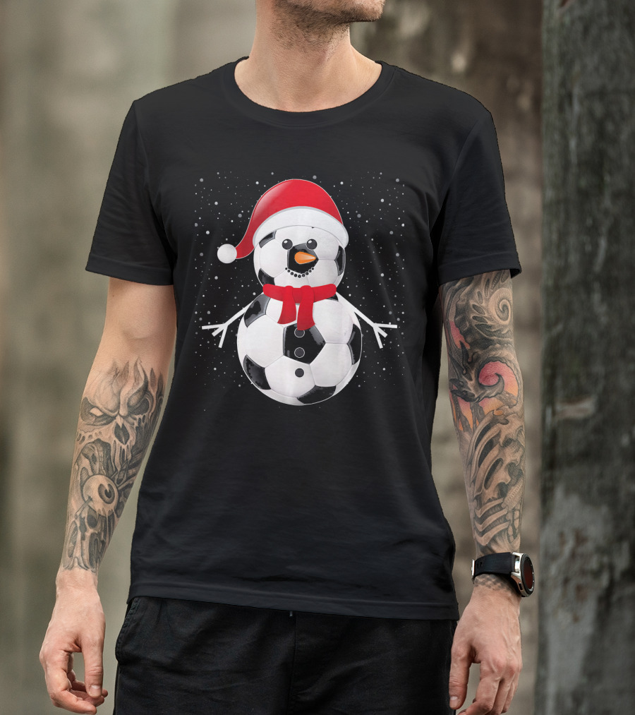 Soccer Football Snowman Santa Hat Scarf Holiday Winter Snowflakes T-Shirt