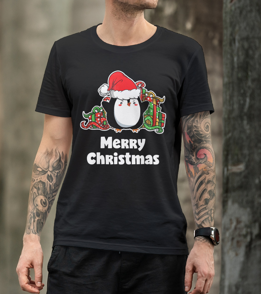 Merry Christmas Penguin Santa Hat Gift Wrapping T-Shirt