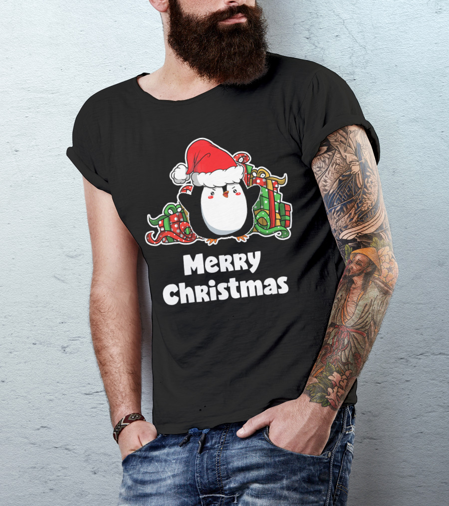 Merry Christmas Penguin Santa Hat Gift Wrapping T-Shirt