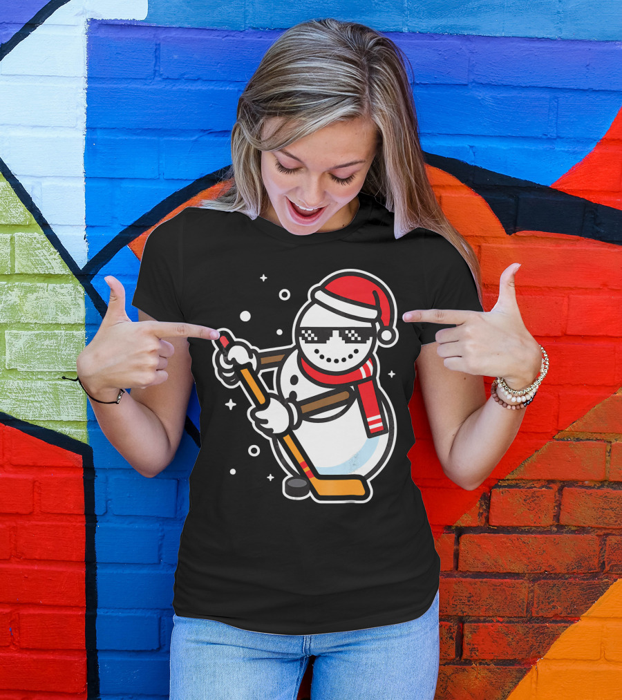 Ice Hockey Player Snowman Funny Boy Cool Nerd Santa T-Shirt