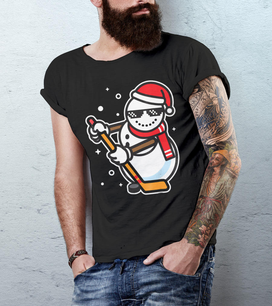 Ice Hockey Player Snowman Funny Boy Cool Nerd Santa T-Shirt