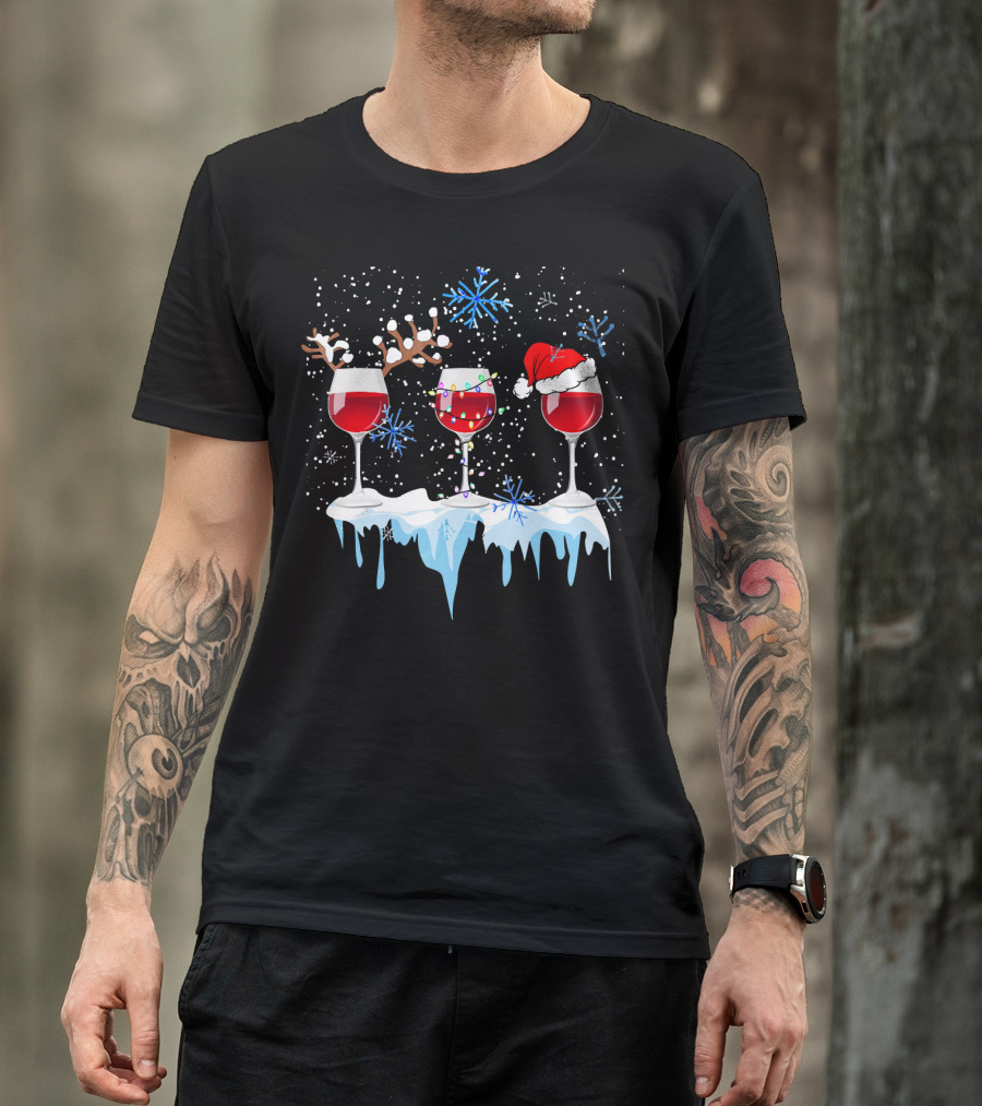 Christmas Reindeer Wine Glasses Santa Hat Snowflakes Holiday T-Shirt