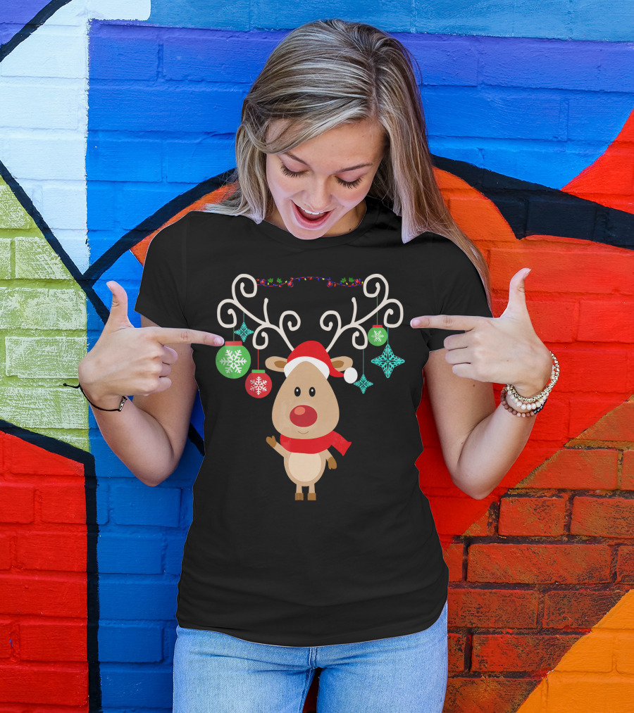 Santa Hat Rudolph Reindeer With Christmas Ornaments Red Nose T-Shirt
