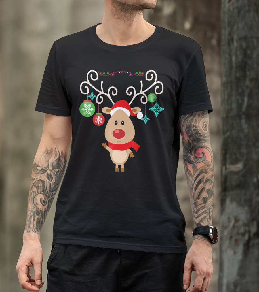 Santa Hat Rudolph Reindeer With Christmas Ornaments Red Nose T-Shirt