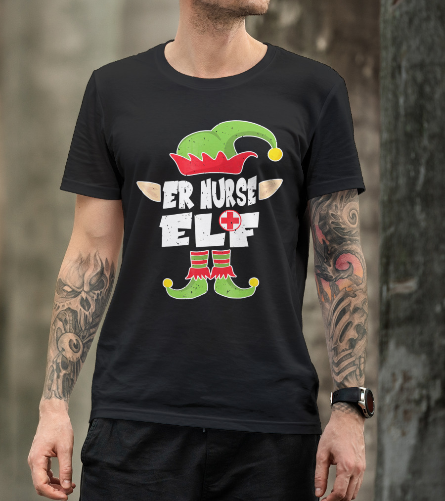 ER Nurse Elf Emergency Squad Christmas Hat And Shoes T-Shirt