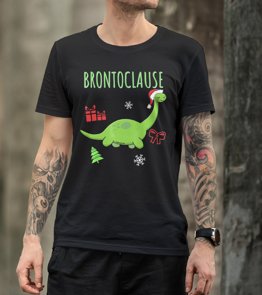 Brontoclause Christmas Dinosaur With Santa Hat And Holiday Gifts T-Shirt