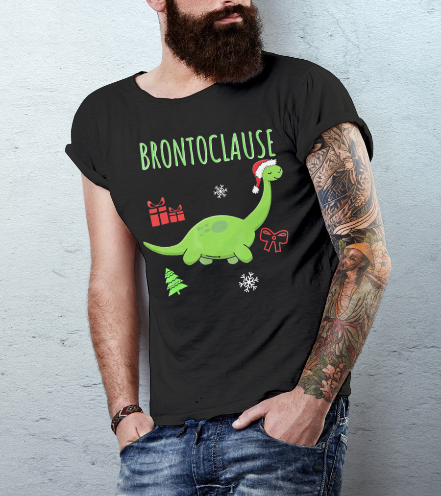 Brontoclause Christmas Dinosaur With Santa Hat And Holiday Gifts T-Shirt