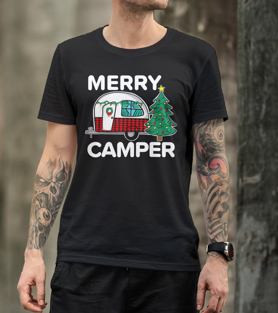 Merry Camper Vintage Camper Christmas Tree Retro Holiday Decor T-Shirt