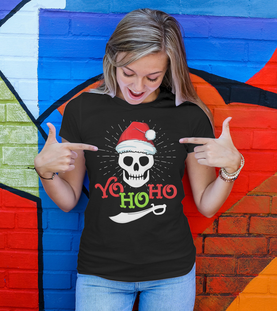 Yo Ho Ho Skull Santa Hat Pirate Sword T-Shirt